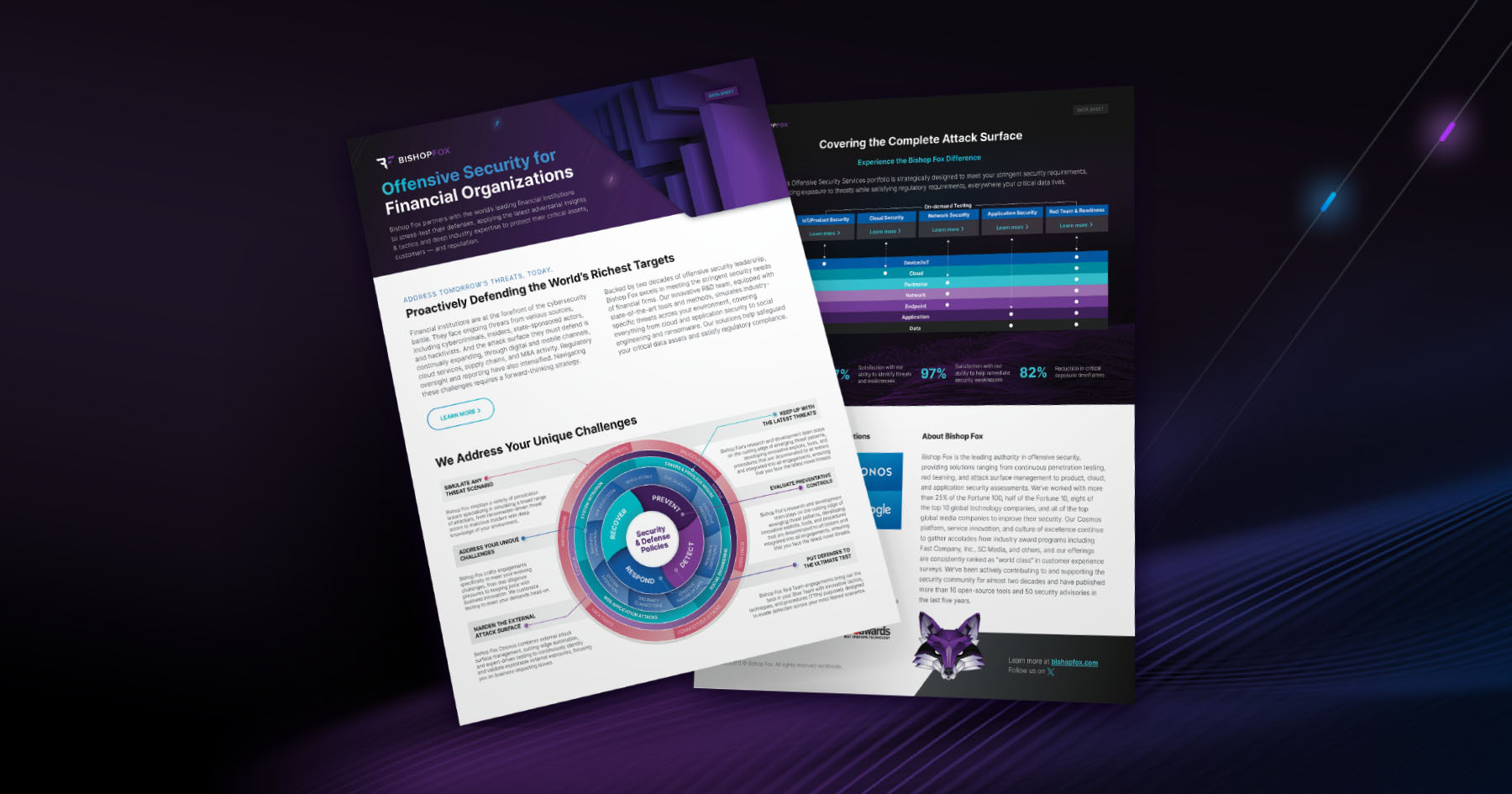 Preview of the Bishop Fox Financial Services datasheet on dark background.