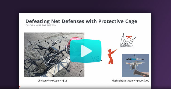 Watch our Drone hacking defeating net defense products with a protective chicken wire cage video