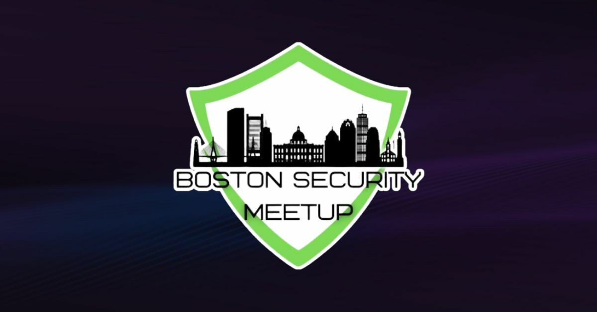Boston skyline in green and white shield with words "Boston Security Meetup".