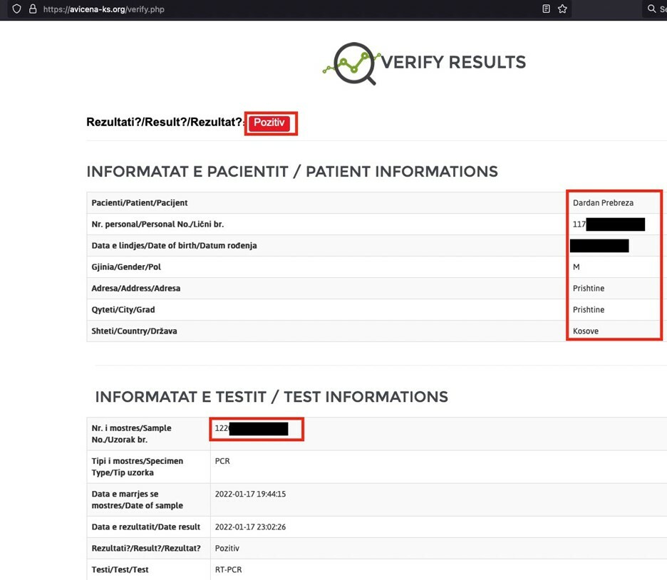 FIGURE 3 - COVID-19 results as shown on the Avicena-ks.org website