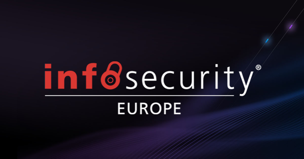 Infosecurity Europe conference red and white logo on dark purple backgroud.