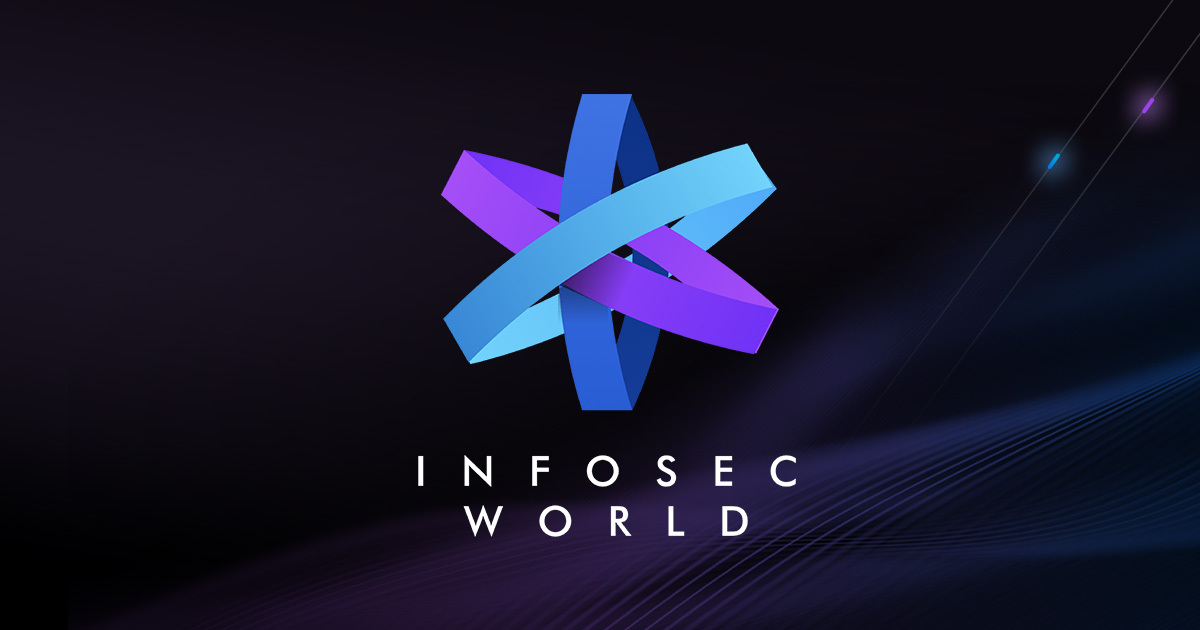 Infosec world logo with Bishop Fox's purple background.