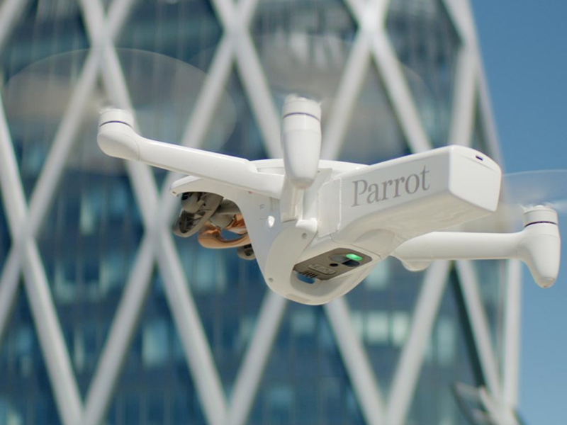 Parrot white drone flying after an application penetration testing of Parrot’s mobile application by Bishop Fox consultants.