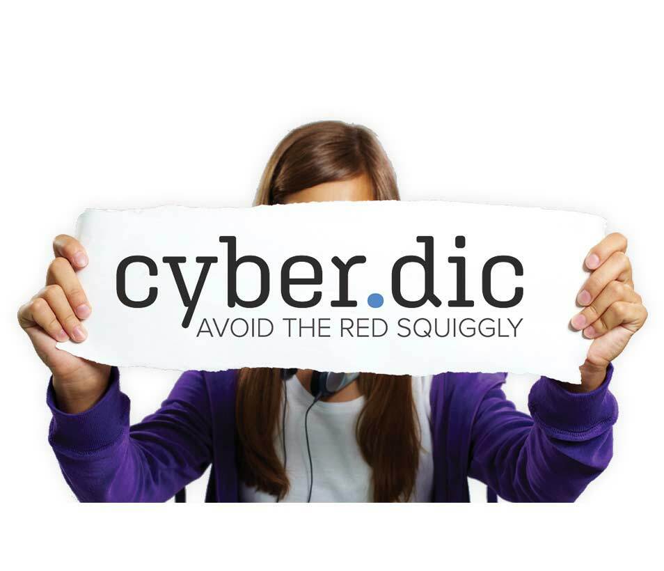 Girl in purple jacket holding up sign with cyber.dic