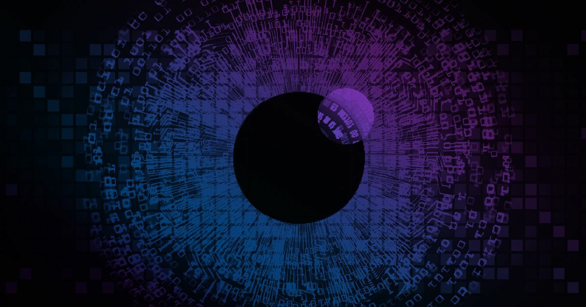 Purple pupil reflecting code looking for threat to security.