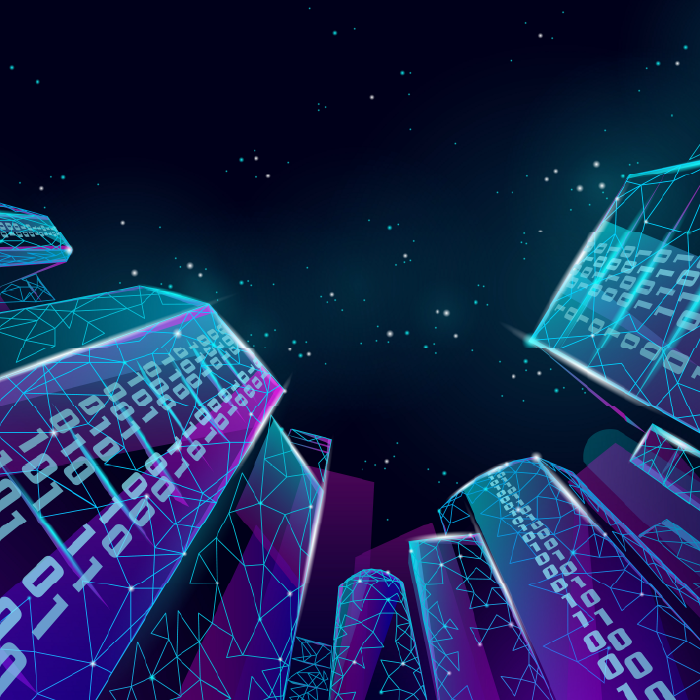 View from below looking up at high rise buildings. You're Doing IoT RNG.