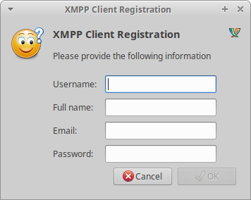Screenshot of an in-band registration on an XMPP server using Pidgin.
