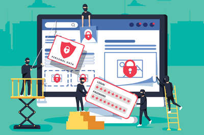 Illustration of computer screen with burglars stealing information