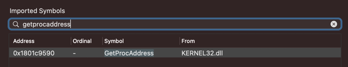 View of the disassembler's import table with GetProcAddress