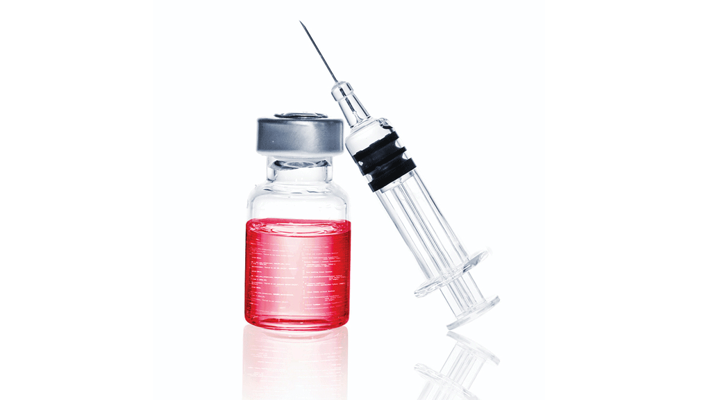 Illustration of a vial filled with red liquid syringe leaning against it