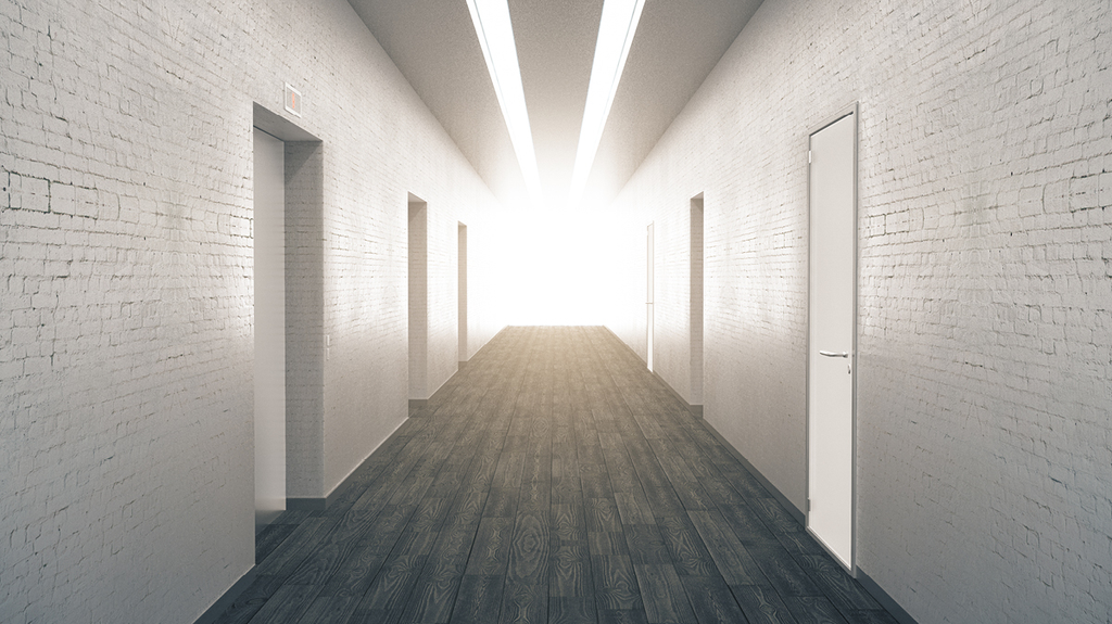 Hallway with multiple white doors and a shining light at the end of the hallway illustrating complexity of network segmentation.
