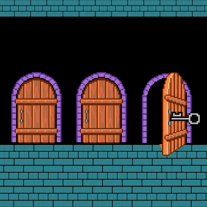 Video game scene three wooden doors one of them open