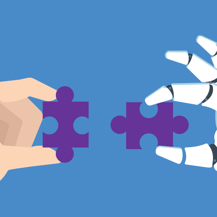 Illustration of human fingers holding puzzle piece and robot fingers holding robot pieces that fit together