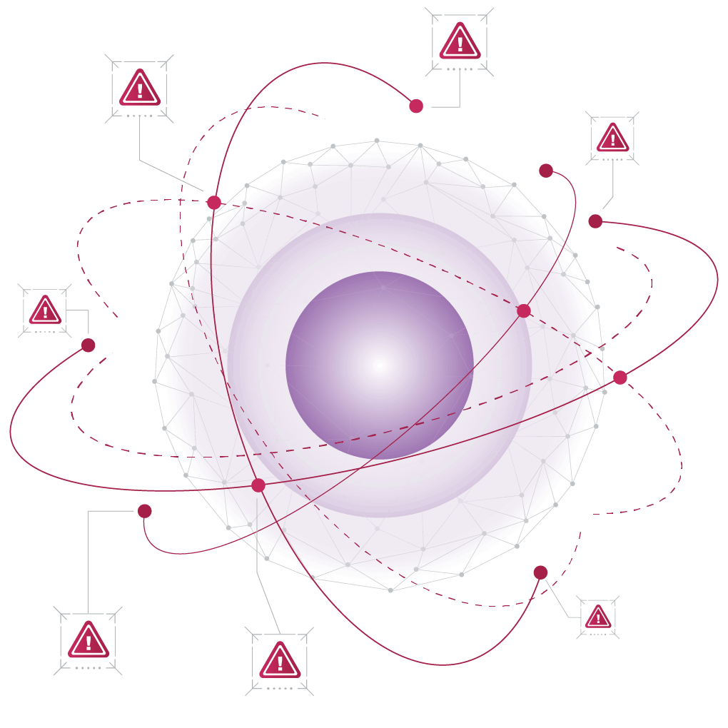 Warning signs surrounding a purple sphere representing an application with vulnerable code.