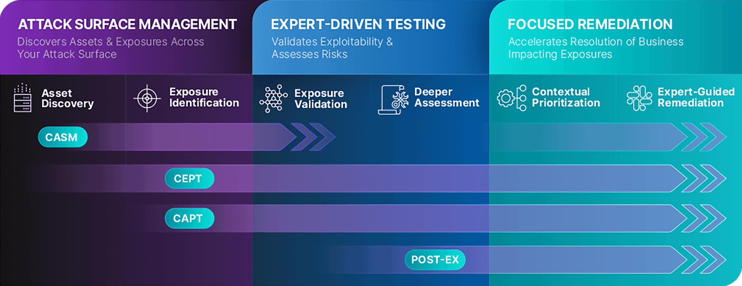 Cosmos marketecture including attack surface management, external expert-driven penetration testing, application penetration testing, and focused remediation.
