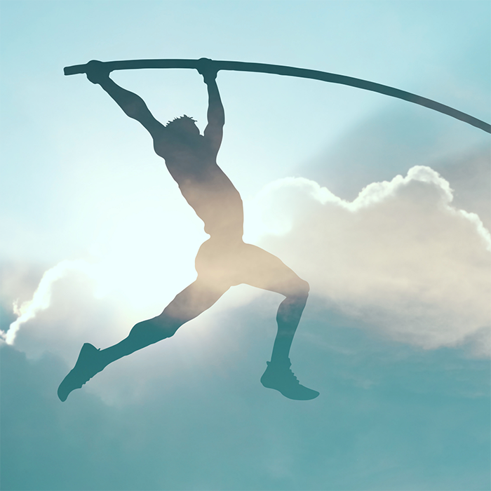 Illustration of person pole vaulting with sun and clouds behind them