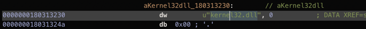 wide string version of kernel32 in the Serv-U.dll binary shown here in Hopper.