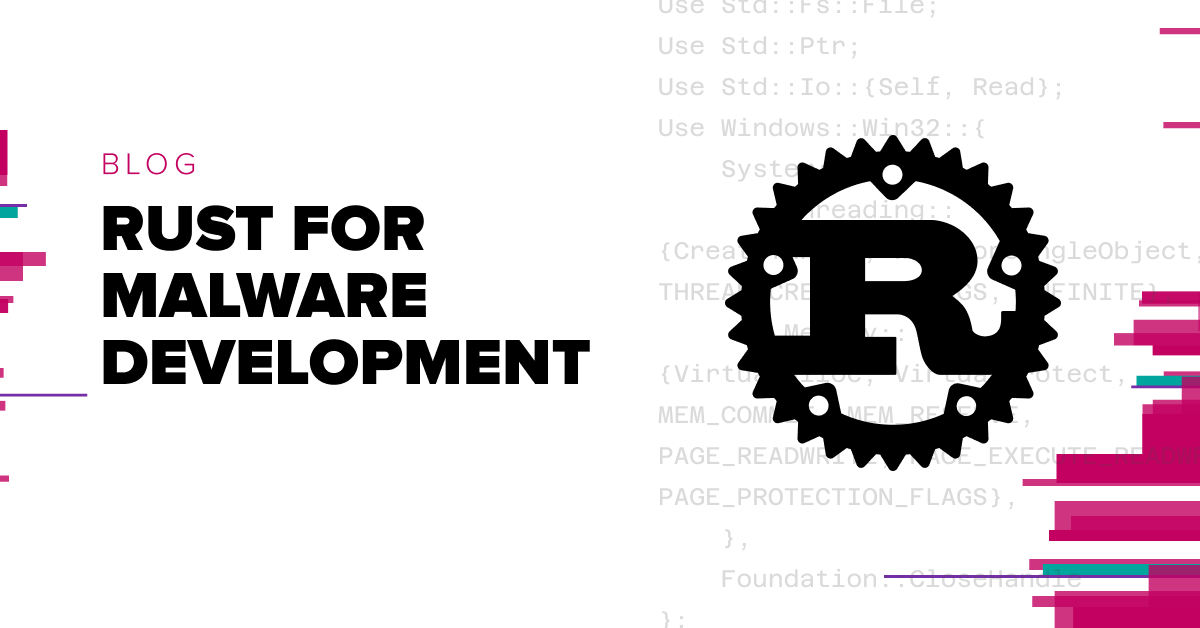 Rust for Malware Development tile image with Rust logo and Bishop Fox branding.