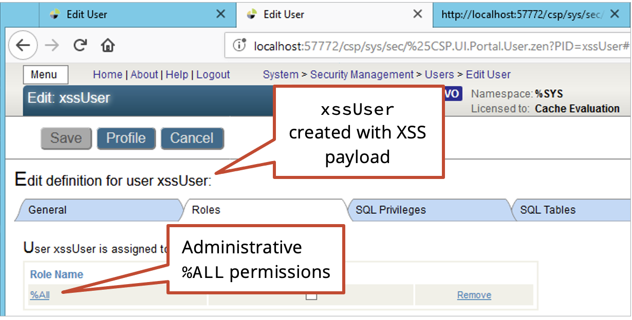 The XSS payload in the KEY= parameter executed and created a new administrative user.
