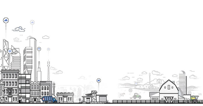 Illustration of skyline city on left farm on right