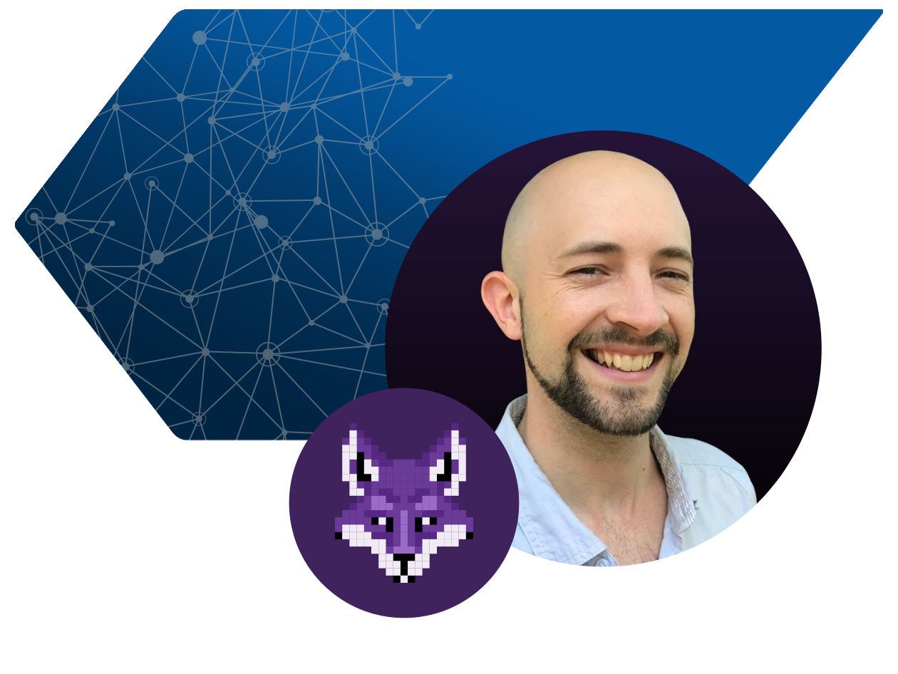 Bishop Fox Researcher Jon Williams Headshot with pixel purple fox.