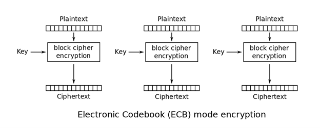 Electronic Codebook (ECB) mode encryption (image credit: Wikipedia)