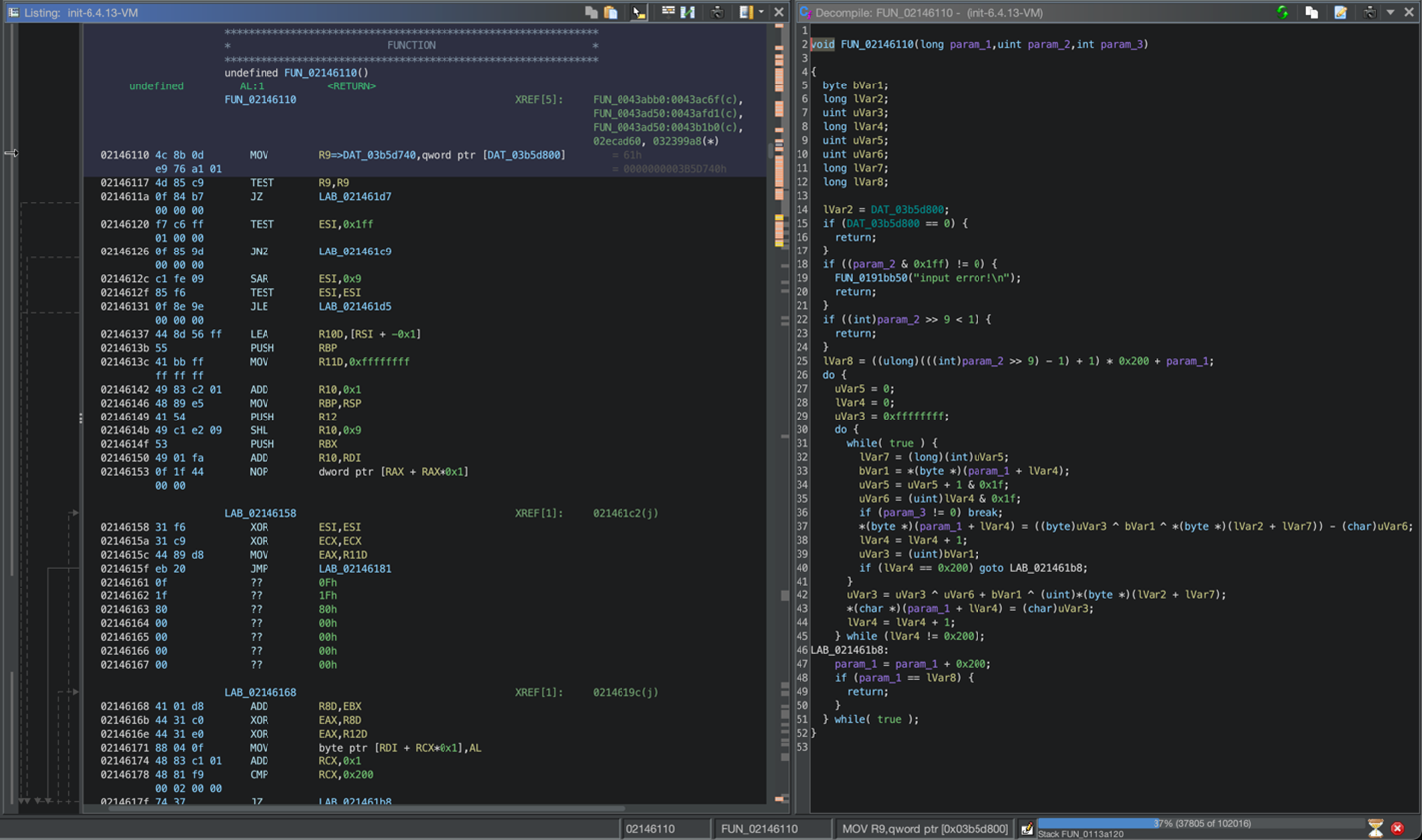 Ghidra decompile view showing the firmware encryption/decryption algorithm