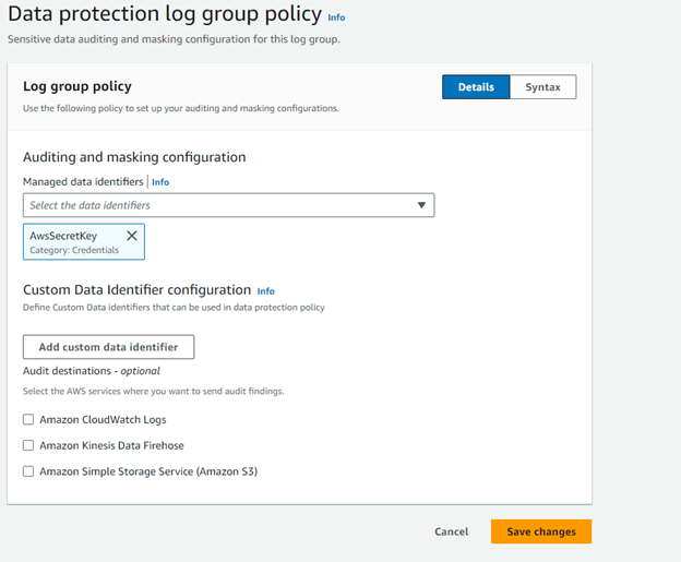 Ccreenshot of the configuration of a data protection policy