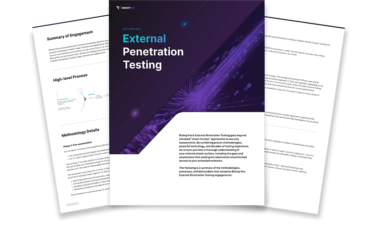Preview of Bishop Fox External Penetration Testing cover pages on dark background.