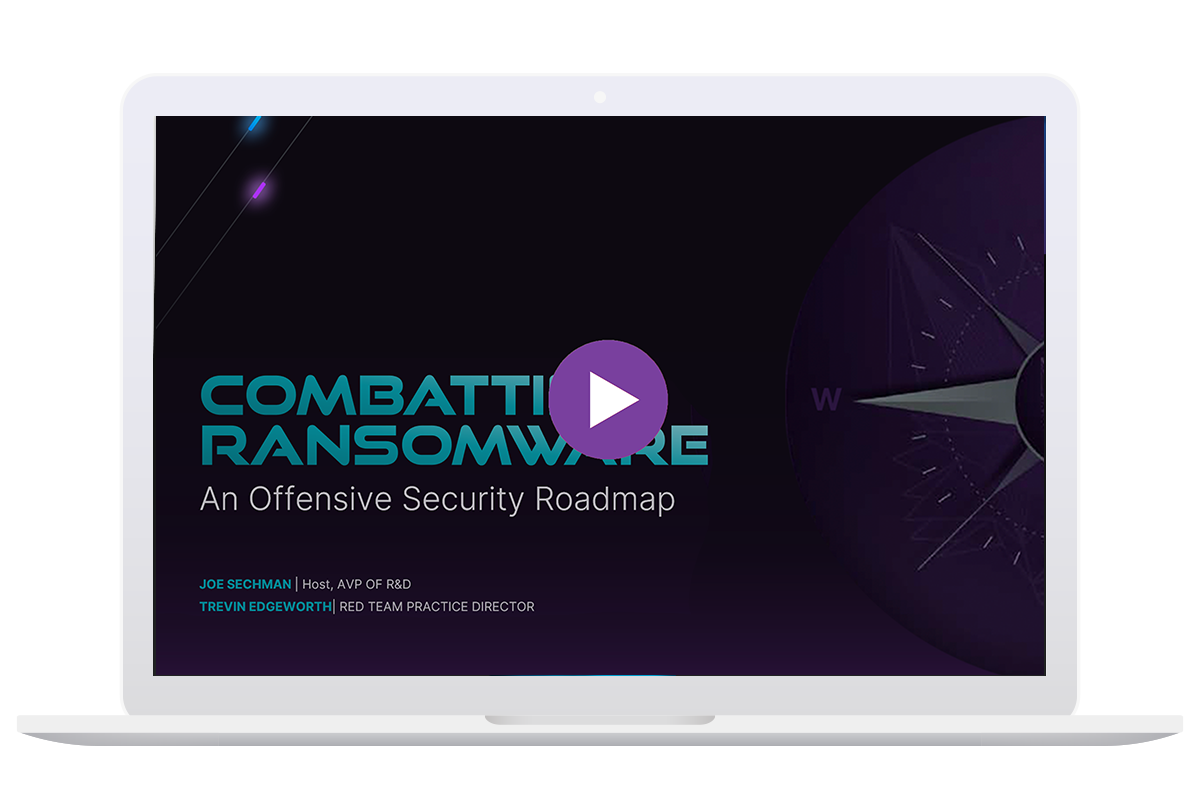 Combatting Ransomware with a offensive security roadmap play button to start webcast featuring Joe Sechman,  AVP of R&D at Bishop Fox, and Trevin Edgeworth  Red Team Practice Director.
