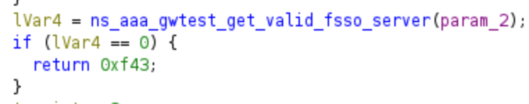 Screenshot showing how code ns_aaa_gwtest_get_valid_fsso_server returns 0.