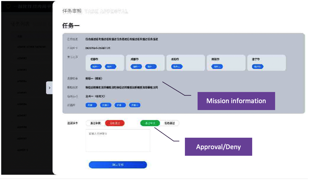 Screenshot of mission assignment dashboard