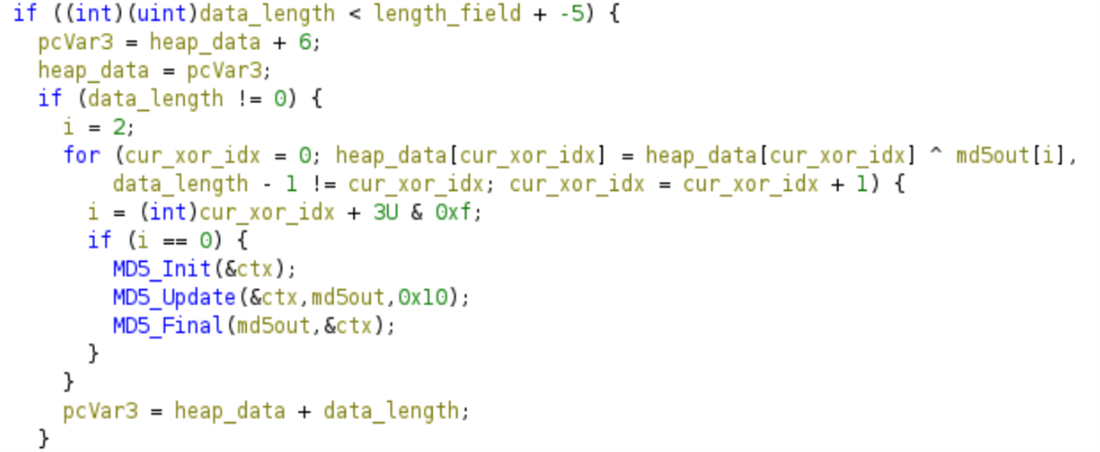 Target logic which validates the length and if the check passes, loops through the data and performs the MD5 operations.