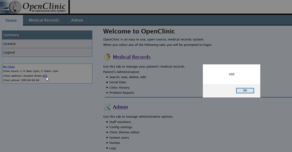 Execution of XSS payload; Mouse pointer indicates clinic info pane and link