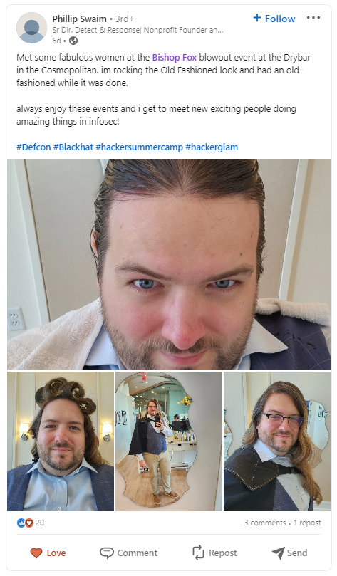 Phillip Swaim LinkedIn Profile Highlighting Bishop Fox Dry Bar Event Las Vegas DEF CON 31
