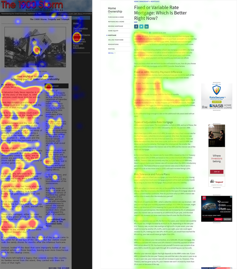 Image of two heat maps showing how people scan digital content with an F-pattern in early 2000 and still scan in 2016/2017.