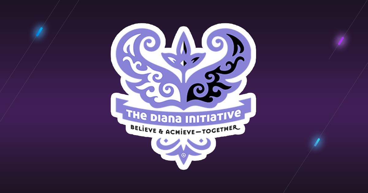 Purple card with the Diana Initiative logo center