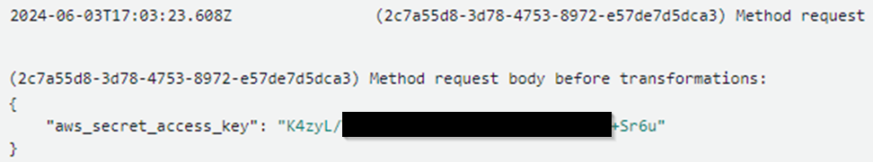 Code showing the unmasked log containing secret key.