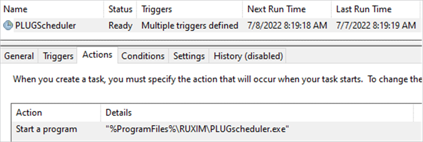 Scheduled task definition for PLUGScheduler