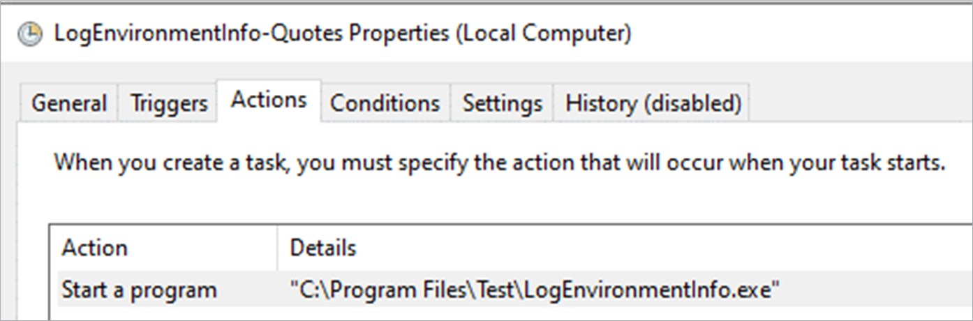 Scheduled task definition with quoted executable path