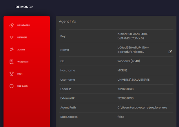 Viewing the agent in the C2 console screenshot.