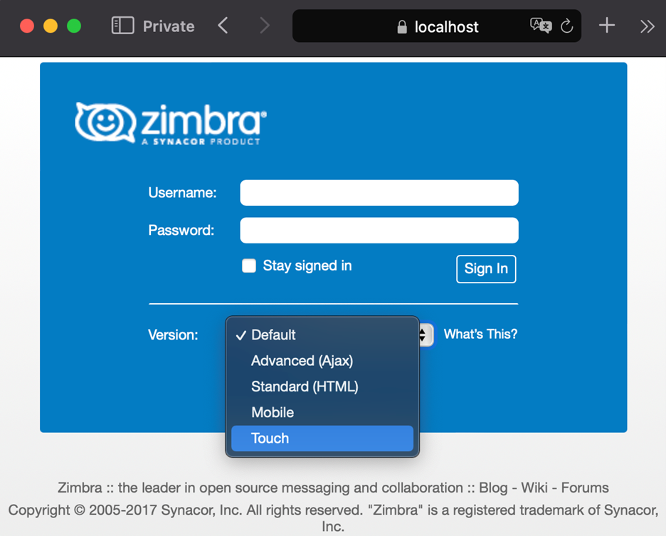 Zimbra web interface displaying Touch option